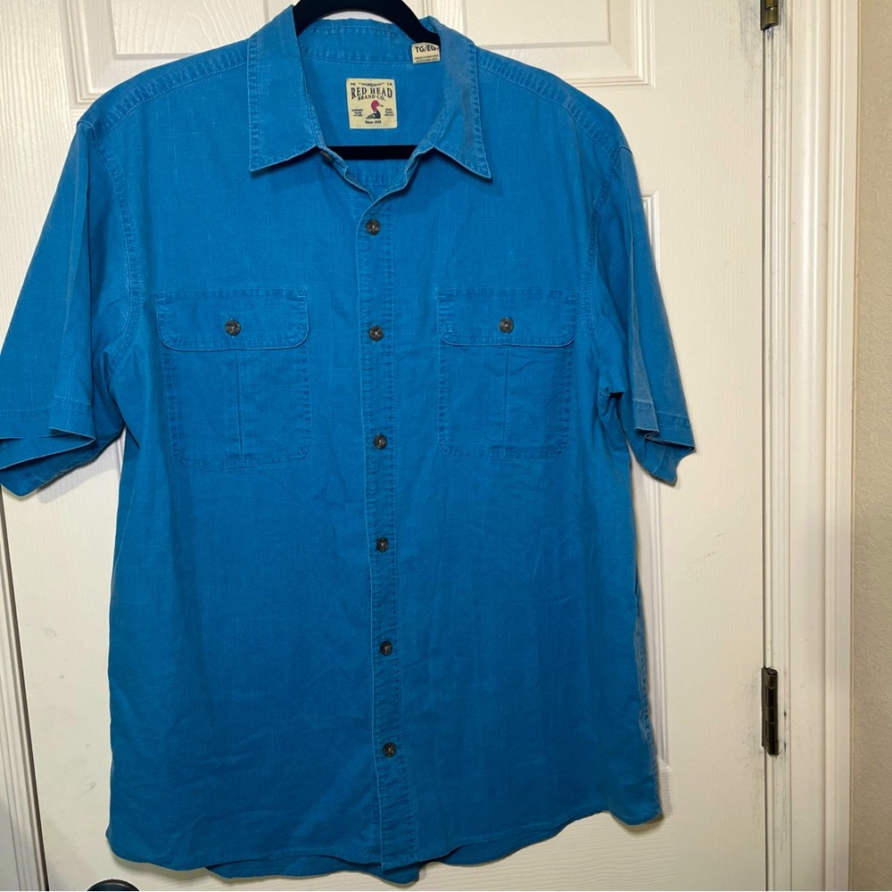 Red Head Men's Blue Short Sleeve button down Shirt with collar